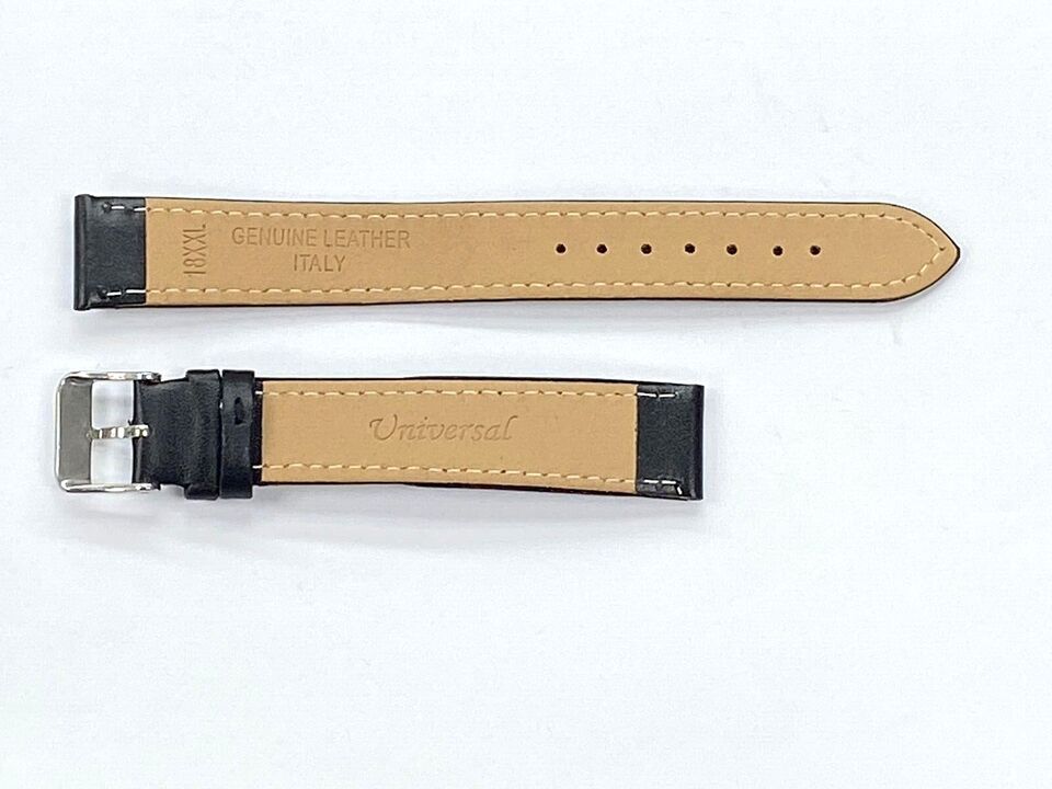 Watch Band Flat Genuine Leather Plain Black 10,12,14,16,18,20,22 24mm XXL