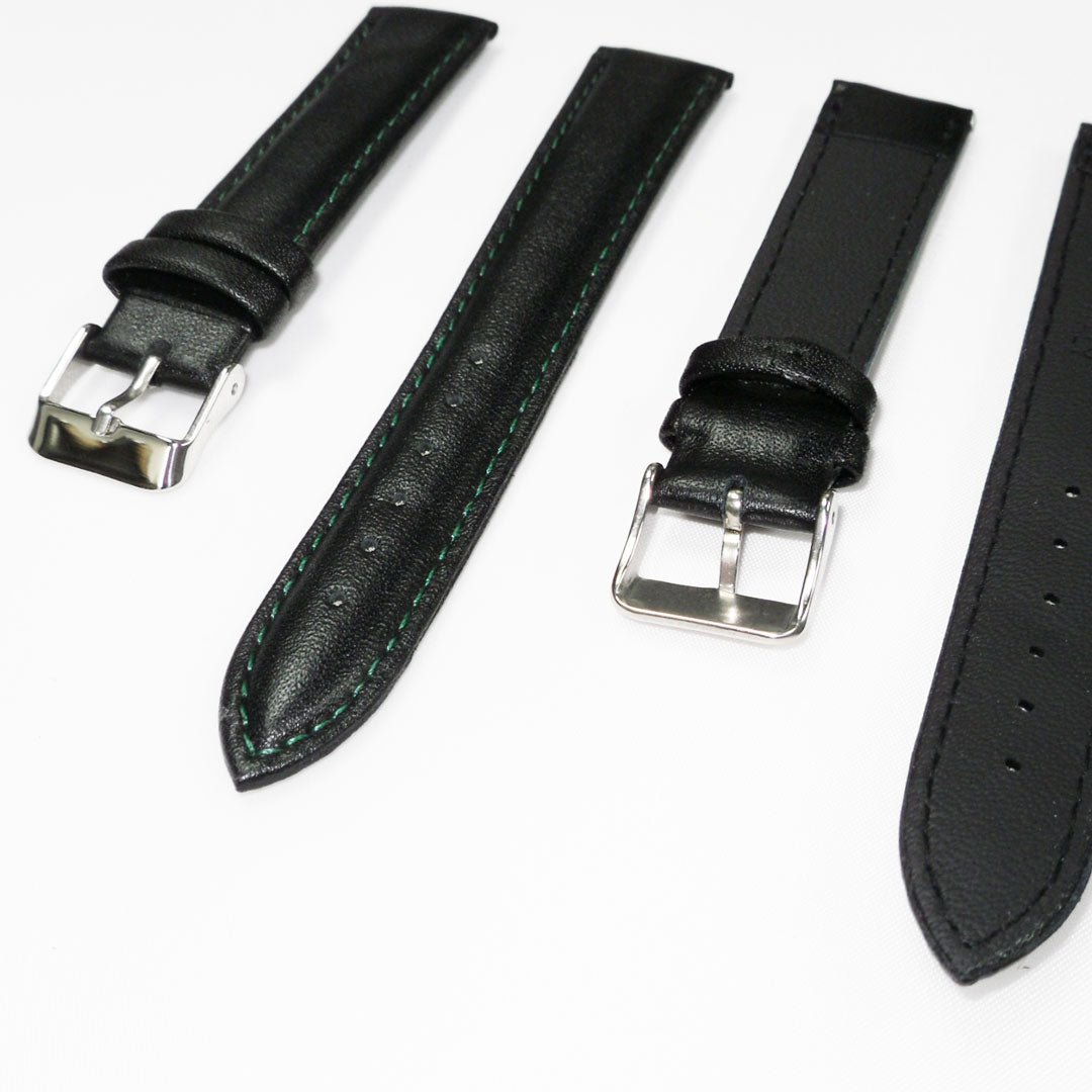 Genuine Leather Watch Band, Black Padded, Plain, Green Stitches, 18MM and 20MM , Regular Size, Stainless Steel Silver Buckle - Universal Jewelers & Watch Tools Inc.