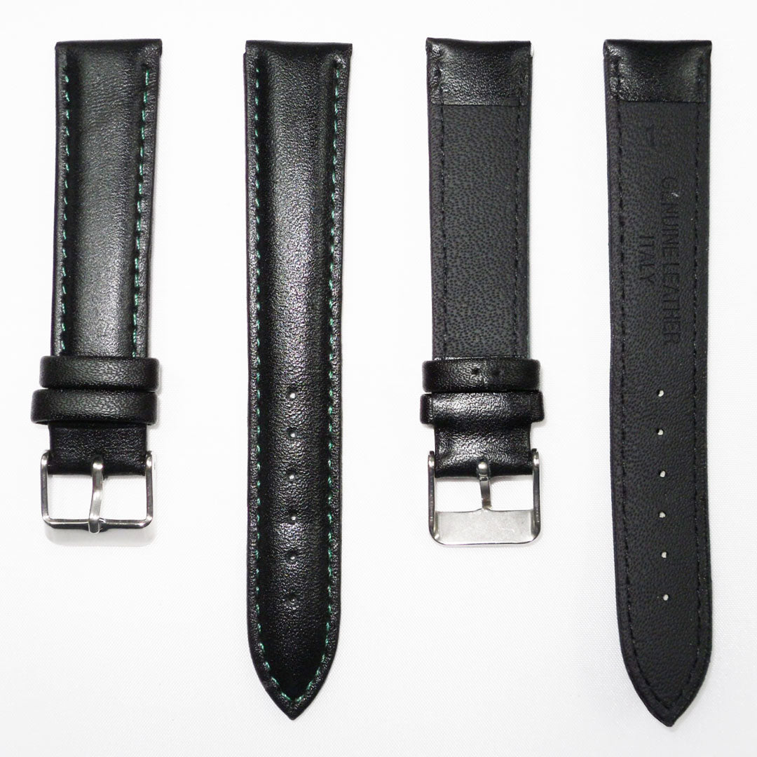 Genuine Leather Watch Band, Black Padded, Plain, Green Stitches, 18MM and 20MM , Regular Size, Stainless Steel Silver Buckle - Universal Jewelers & Watch Tools Inc.