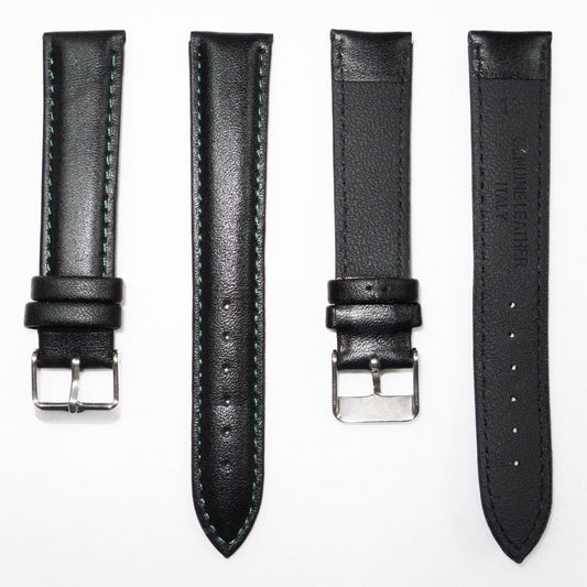 Genuine Leather Watch Band, Black Padded, Plain, Green Stitches, 18MM and 20MM , Regular Size, Stainless Steel Silver Buckle - Universal Jewelers & Watch Tools Inc.