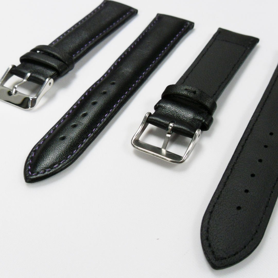 Genuine Leather Watch Band, Black Padded, Plain, Purple Stitches, 19MM and 20MM , Regular Size, Stainless Steel Silver Buckle - Universal Jewelers & Watch Tools Inc.