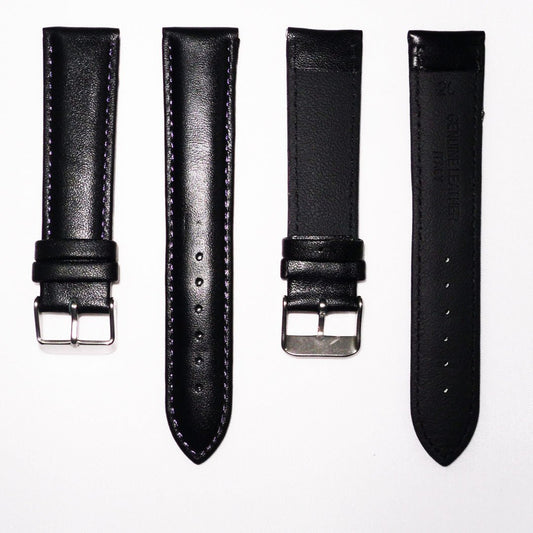 Genuine Leather Watch Band, Black Padded, Plain, Purple Stitches, 19MM and 20MM , Regular Size, Stainless Steel Silver Buckle - Universal Jewelers & Watch Tools Inc.