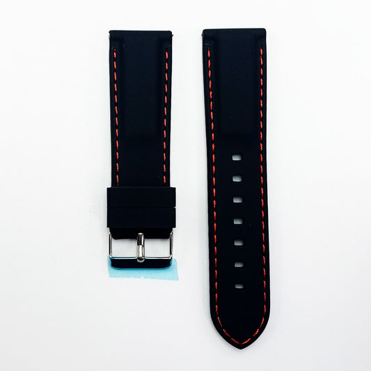 22 MM Silicone Padded Red Stitched Watch Band Black Color Quick Release Regular Size Watch Strap - Universal Jewelers & Watch Tools Inc.
