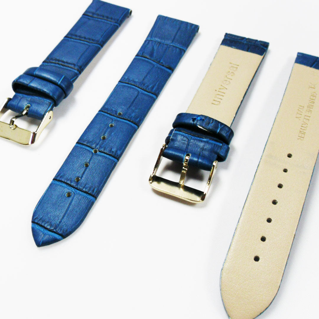 Genuine Italian Leather Alligator Style, Blue Color Flat Watch Band, 20MM , Regular and XL Size, Stainless Steel Golden Buckle - Universal Jewelers & Watch Tools Inc.