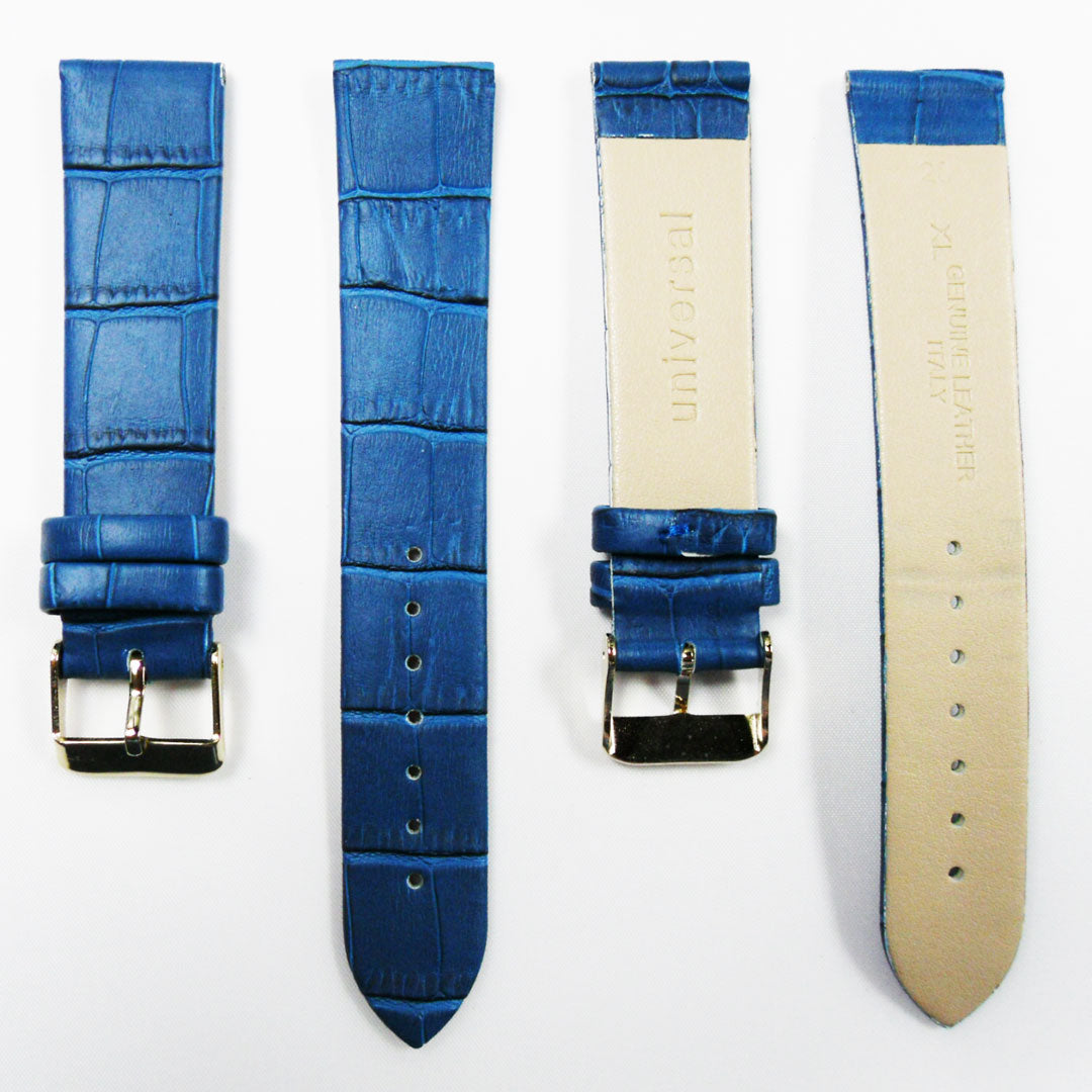 Genuine Italian Leather Alligator Style, Blue Color Flat Watch Band, 20MM , Regular and XL Size, Stainless Steel Golden Buckle - Universal Jewelers & Watch Tools Inc.