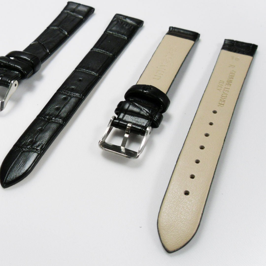 Genuine Italian Leather Alligator Style, Black Color Flat Watch Band, 16MM and 18MM, Regular Size, Stainless Steel Silver Buckle - Universal Jewelers & Watch Tools Inc.