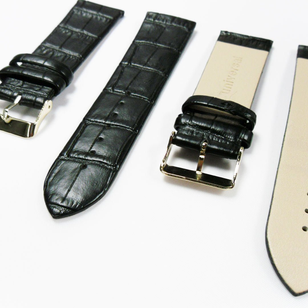 Genuine Italian Leather Alligator Style, Black Color Flat Watch Band, 22MM and 24MM, Regular Size, Stainless Steel Golden Buckle - Universal Jewelers & Watch Tools Inc.