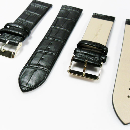 Genuine Italian Leather Alligator Style, Black Color Flat Watch Band, 22MM and 24MM, Regular Size, Stainless Steel Golden Buckle - Universal Jewelers & Watch Tools Inc.