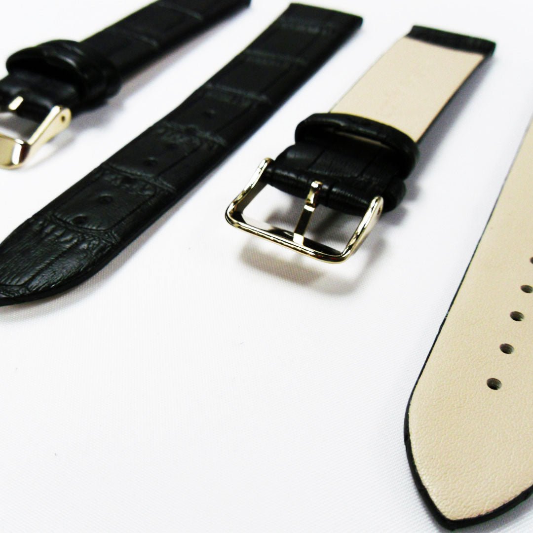 Genuine Italian Leather Alligator Style, Black Color Flat Watch Band, 20MM , Regular and XL Size, Stainless Steel Golden Buckle - Universal Jewelers & Watch Tools Inc.