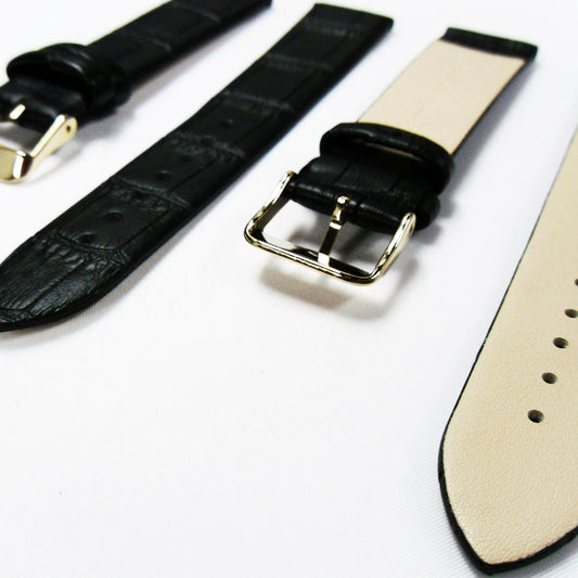 Genuine Italian Leather Alligator Style, Black Color Flat Watch Band, 20MM , Regular and XL Size, Stainless Steel Golden Buckle - Universal Jewelers & Watch Tools Inc.