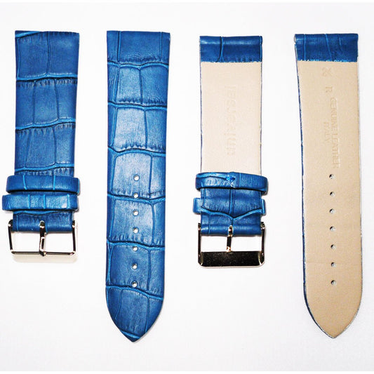 Genuine Italian Leather Alligator Style, Blue Color Flat Watch Band, 22MM and 24MM, Regular Size, Stainless Steel Golden Buckle - Universal Jewelers & Watch Tools Inc.