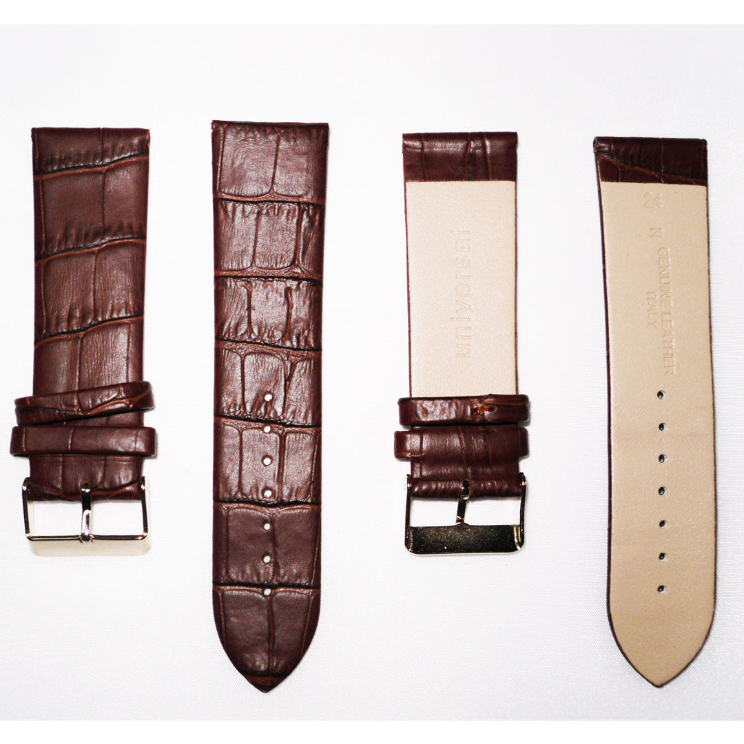 Genuine Italian Leather Alligator Style, Brown Color Flat Watch Band, 22MM and 24MM, Regular Size, Stainless Steel Golden Buckle - Universal Jewelers & Watch Tools Inc.