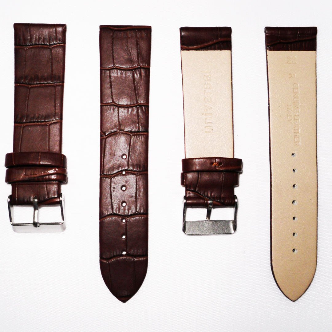 Genuine Italian Leather Alligator Style, Brown Color Flat Watch Band, 22MM and 24MM, Regular Size, Stainless Steel Silver Buckle - Universal Jewelers & Watch Tools Inc.
