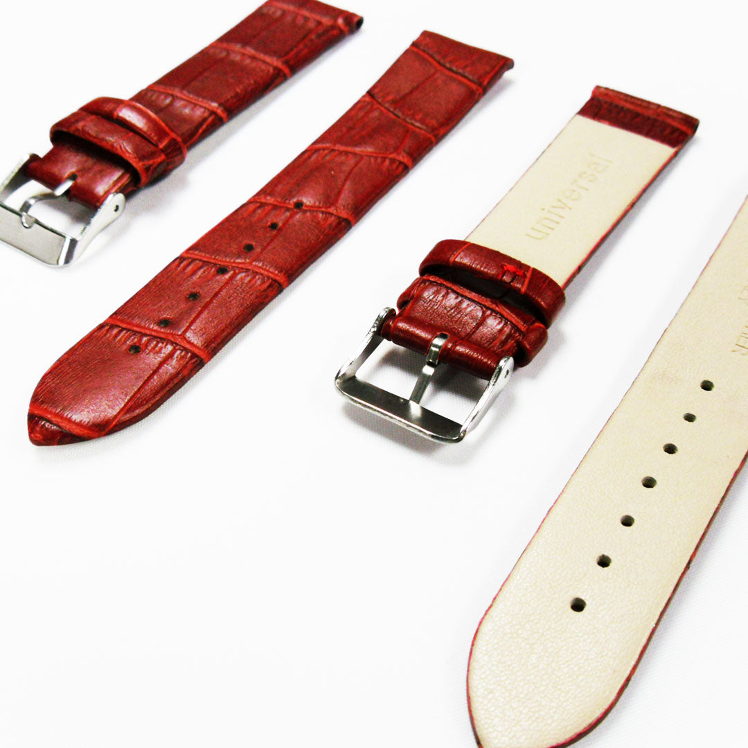 Genuine Italian Leather Alligator Style, Red Color Flat Watch Band, 16MM, 18MM and 20MM, Regular and XL Size, Stainless Steel Silver Buckle - Universal Jewelers & Watch Tools Inc.