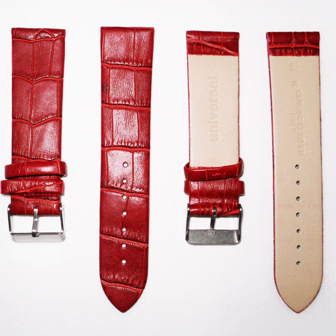 Genuine Italian Leather Alligator Style, Red Color Flat Watch Band, 22MM and 24MM, Regular Size, Stainless Steel Silver Buckle - Universal Jewelers & Watch Tools Inc.