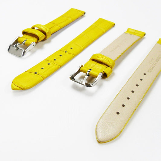Genuine Italian Leather Alligator Style, Yellow Color Flat Watch Band, 16MM and 18MM, Regular Size, Stainless Steel Silver Buckle - Universal Jewelers & Watch Tools Inc.