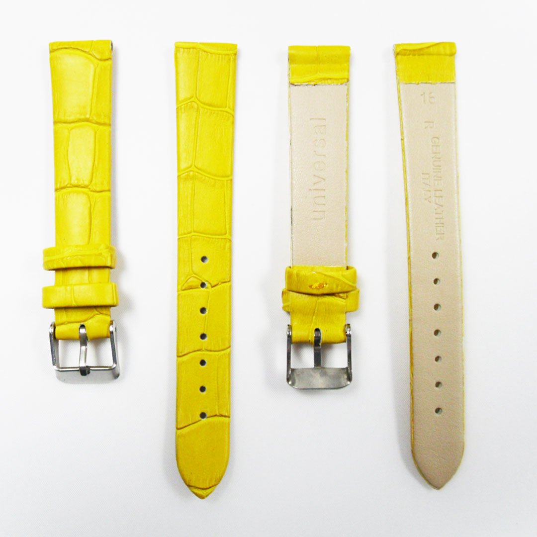 Genuine Italian Leather Alligator Style, Yellow Color Flat Watch Band, 16MM and 18MM, Regular Size, Stainless Steel Silver Buckle - Universal Jewelers & Watch Tools Inc.