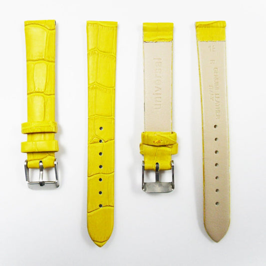 Genuine Italian Leather Alligator Style, Yellow Color Flat Watch Band, 16MM and 18MM, Regular Size, Stainless Steel Silver Buckle - Universal Jewelers & Watch Tools Inc.