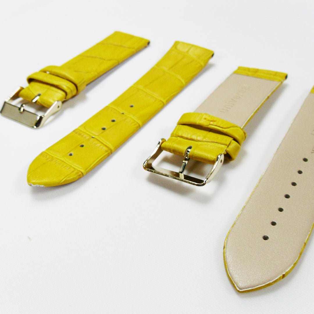 Genuine Italian Leather Alligator Style, Yellow Color Flat Watch Band, 22MM and 24MM, Regular Size, Stainless Steel Golden Buckle - Universal Jewelers & Watch Tools Inc.