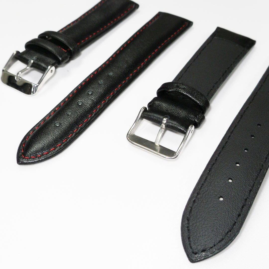 Genuine Leather Watch Band, Black Padded, Plain, Red Stitches, 19MM and 20MM , Regular Size, Stainless Steel Silver Buckle - Universal Jewelers & Watch Tools Inc.