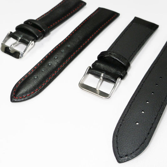 Genuine Leather Watch Band, Black Padded, Plain, Red Stitches, 19MM and 20MM , Regular Size, Stainless Steel Silver Buckle - Universal Jewelers & Watch Tools Inc.