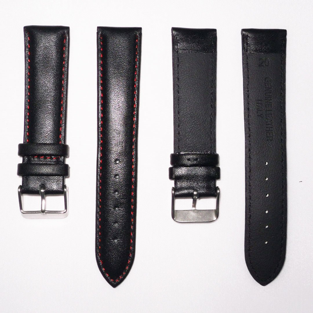 Genuine Leather Watch Band, Black Padded, Plain, Red Stitches, 19MM and 20MM , Regular Size, Stainless Steel Silver Buckle - Universal Jewelers & Watch Tools Inc.