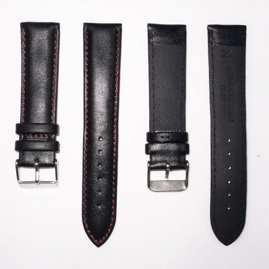 Genuine Leather Watch Band, Black Padded, Plain, Red Stitches, 19MM and 20MM , Regular Size, Stainless Steel Silver Buckle - Universal Jewelers & Watch Tools Inc.