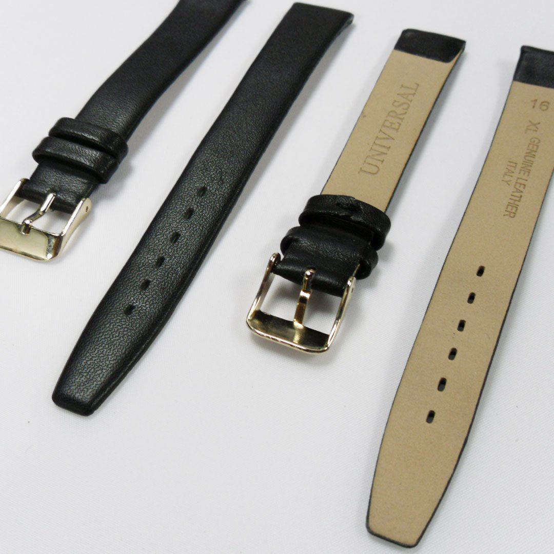 Genuine Leather Watch Band, Plain Black, Non Stitches, 16MM , Regular and XL Size, Stainless Steel Golden Buckle - Universal Jewelers & Watch Tools Inc.