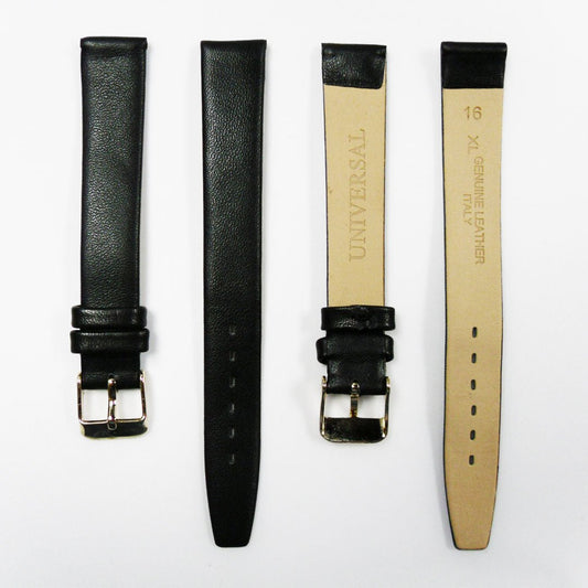 Genuine Leather Watch Band, Plain Black, Non Stitches, 16MM , Regular and XL Size, Stainless Steel Golden Buckle - Universal Jewelers & Watch Tools Inc.