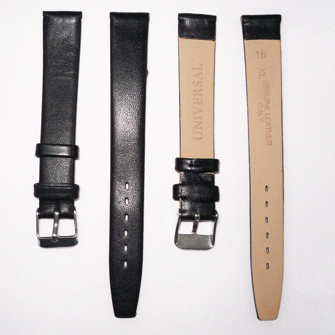 Genuine Leather Watch Band, Plain Black, Non Stitches, 16MM , Regular and XL Size, Stainless Steel Silver Buckle - Universal Jewelers & Watch Tools Inc.