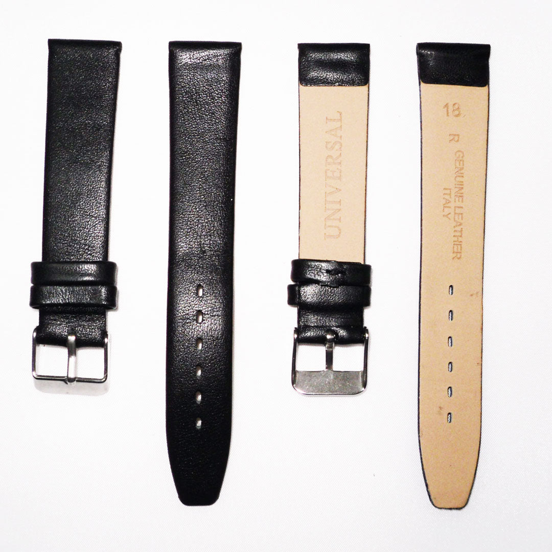 Genuine Leather Watch Band, Plain Black, Non Stitches, 18MM , Regular and XL Size, Stainless Steel Silver Buckle - Universal Jewelers & Watch Tools Inc.