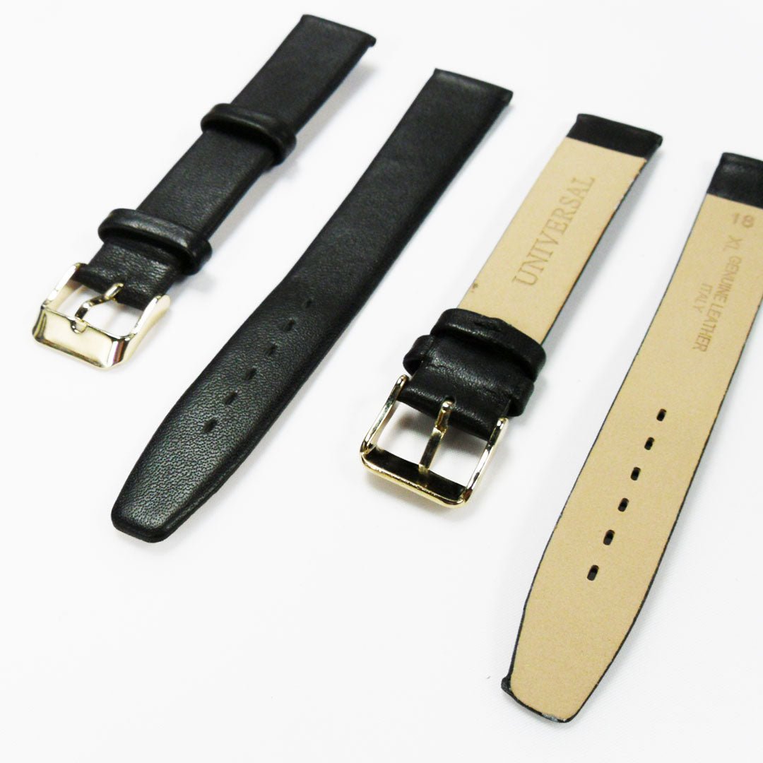 Genuine Leather Watch Band, Plain Black, Non Stitches, 18MM , Regular and XL Size, Stainless Steel Golden Buckle - Universal Jewelers & Watch Tools Inc.