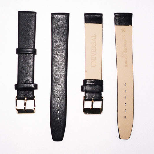 Genuine Leather Watch Band, Plain Black, Non Stitches, 18MM , Regular and XL Size, Stainless Steel Golden Buckle - Universal Jewelers & Watch Tools Inc.