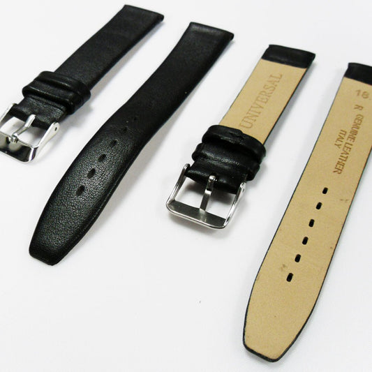 Genuine Leather Watch Band, Plain Black, Non Stitches, 18MM , Regular and XL Size, Stainless Steel Silver Buckle - Universal Jewelers & Watch Tools Inc.