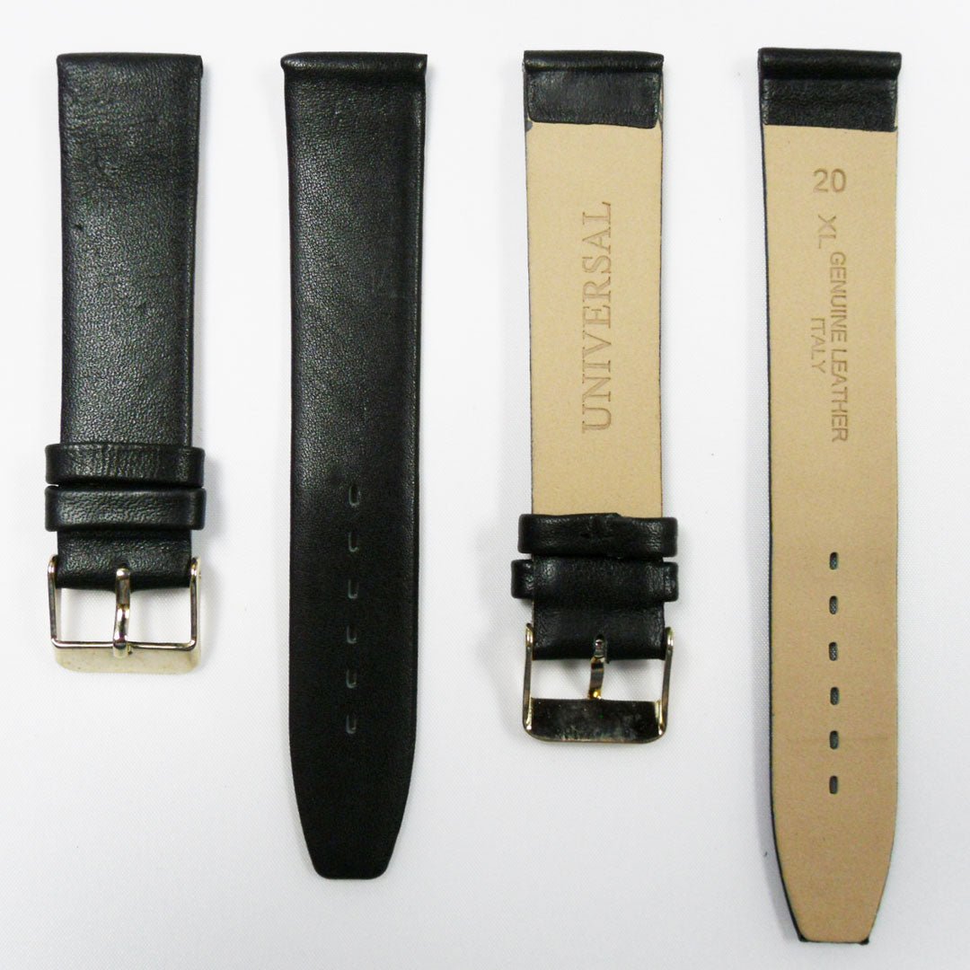 Genuine Leather Watch Band, Plain Black, Non Stitches, 20MM , Regular and XL Size, Stainless Steel Golden Buckle - Universal Jewelers & Watch Tools Inc.