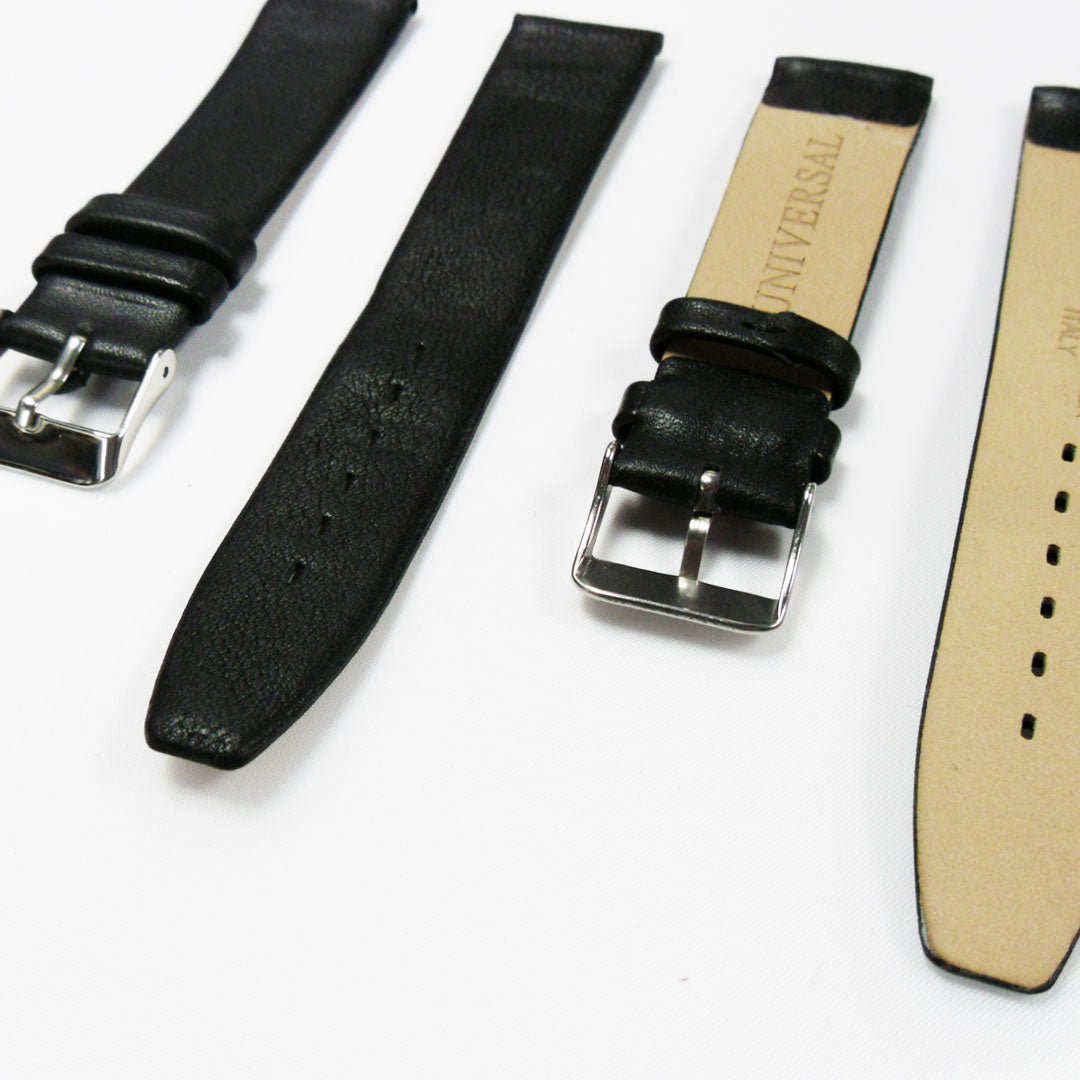 Genuine Leather Watch Band, Plain Black, Non Stitches, 20MM , Regular and XL Size, Stainless Steel Silver Buckle - Universal Jewelers & Watch Tools Inc.