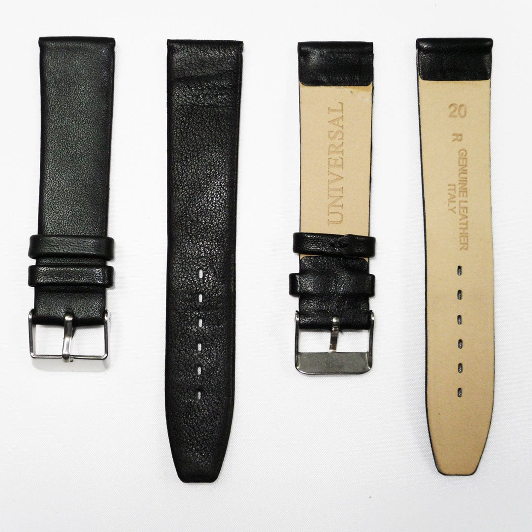 Genuine Leather Watch Band, Plain Black, Non Stitches, 20MM , Regular and XL Size, Stainless Steel Silver Buckle - Universal Jewelers & Watch Tools Inc.