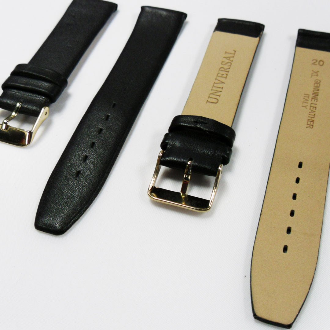 Genuine Leather Watch Band, Plain Black, Non Stitches, 20MM , Regular and XL Size, Stainless Steel Golden Buckle - Universal Jewelers & Watch Tools Inc.