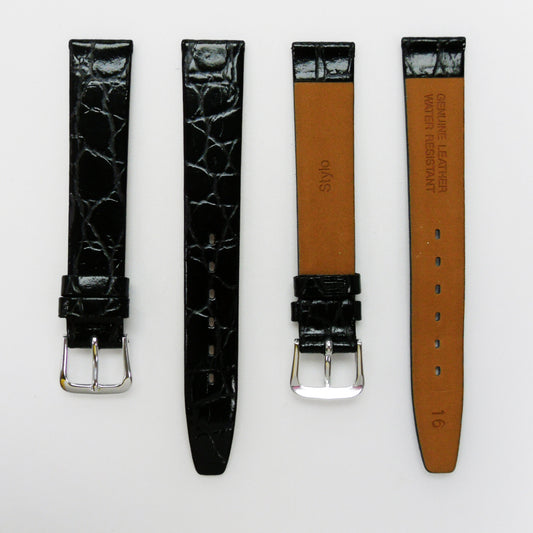 Crocodile Watch Grain Strap For Men 16 MM Band Black Color, Regular Size, Watch Band Replacement - Universal Jewelers & Watch Tools Inc.