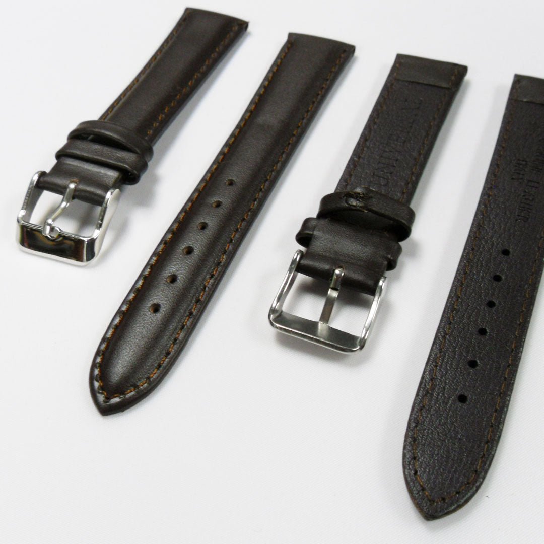 Genuine Leather Watch Band, Brown Padded, Plain, Brown Stitches, 18MM , Regular Size, Stainless Steel Silver Buckle - Universal Jewelers & Watch Tools Inc.