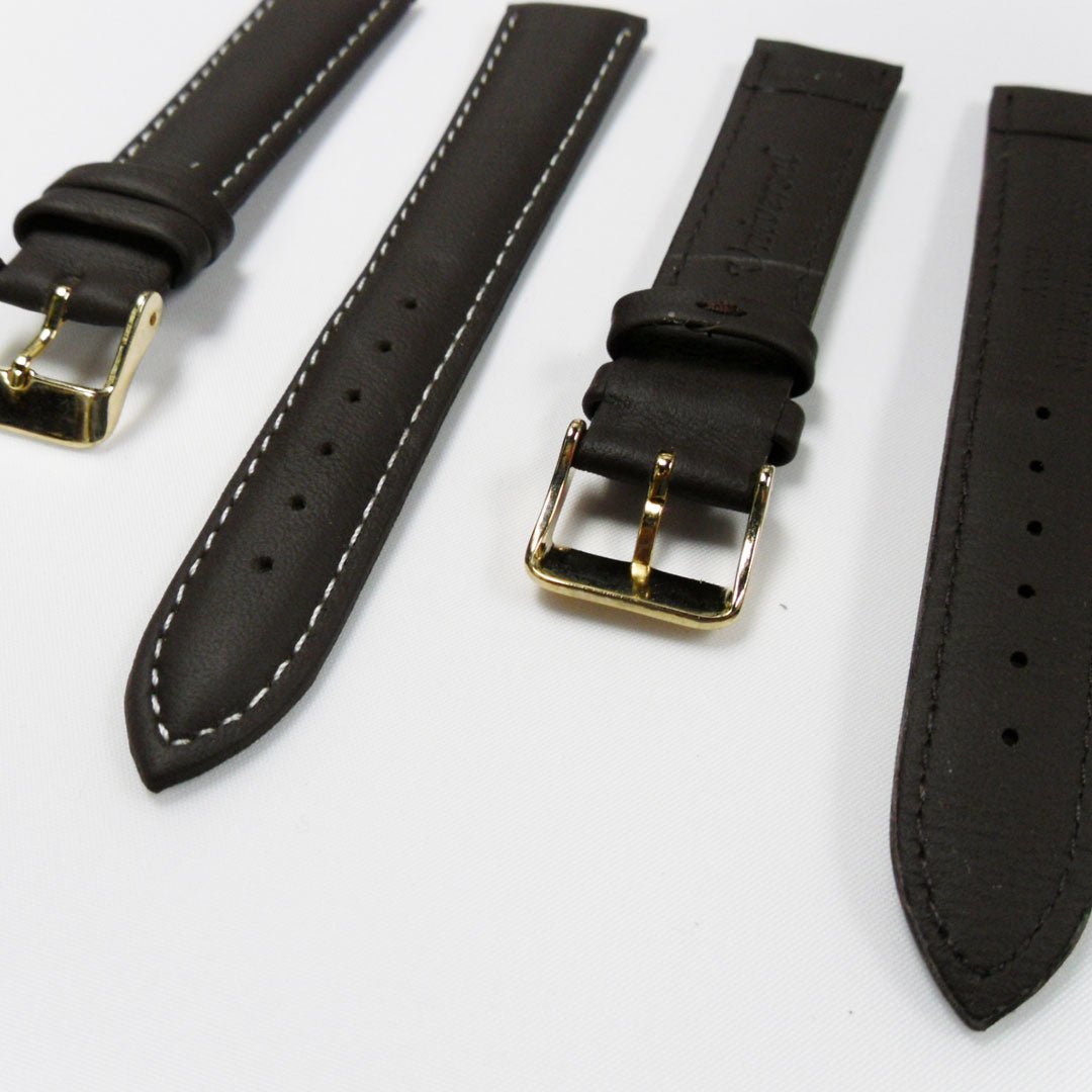 Genuine Leather Watch Band, Brown Padded, Plain, White Stitches, 18MM , Regular Size, Stainless Steel Golden Buckle - Universal Jewelers & Watch Tools Inc.