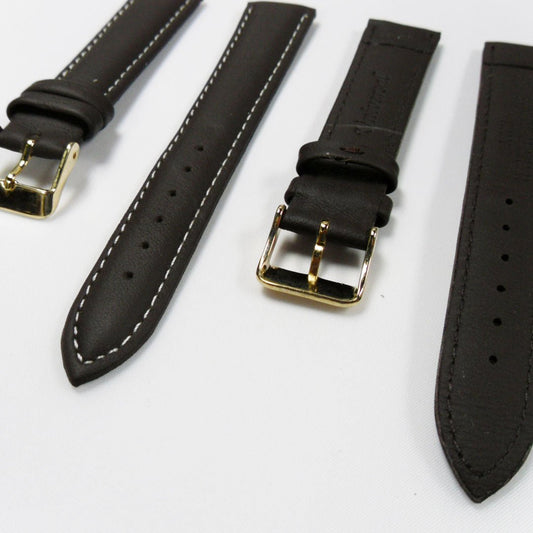 Genuine Leather Watch Band, Brown Padded, Plain, White Stitches, 18MM , Regular Size, Stainless Steel Golden Buckle - Universal Jewelers & Watch Tools Inc.
