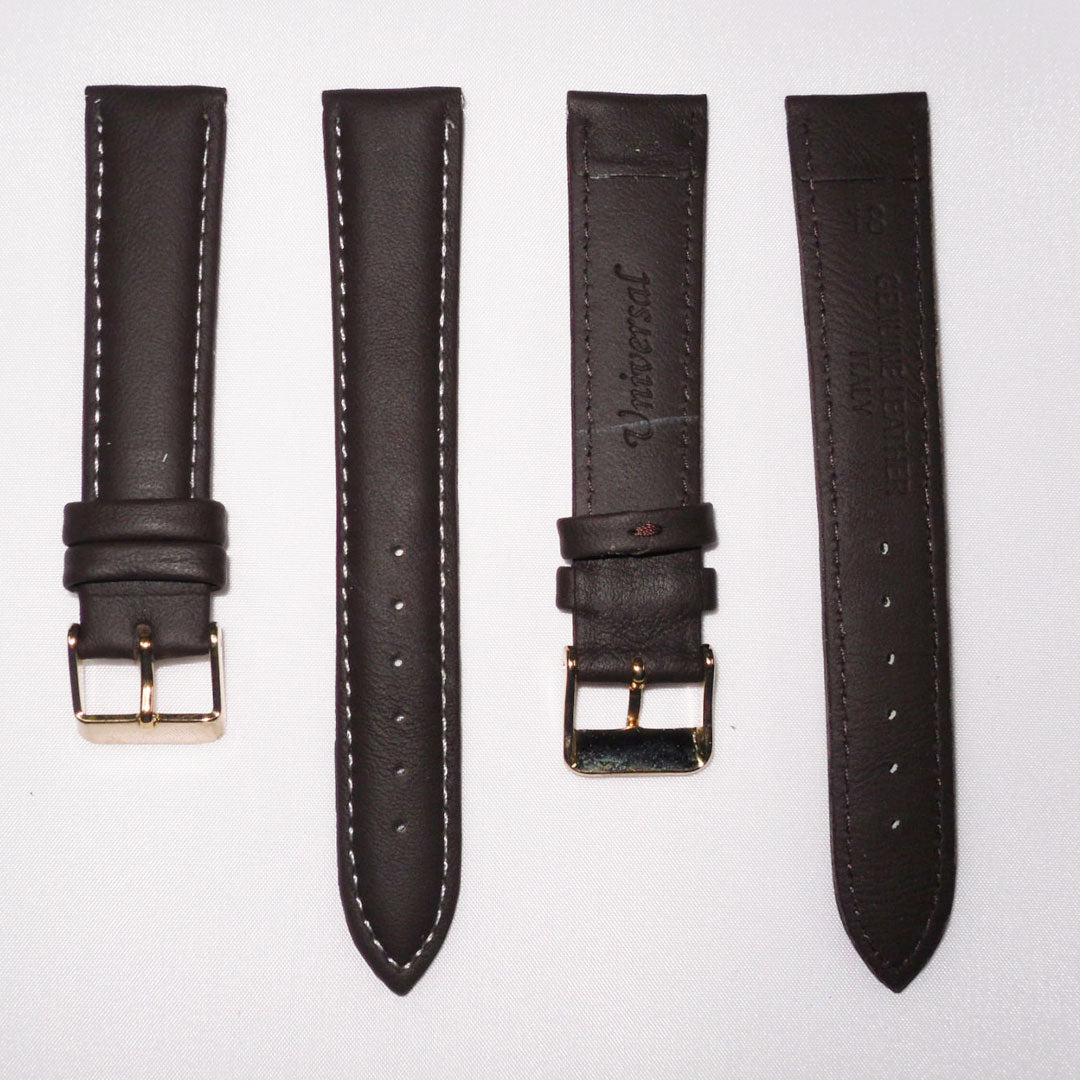 Genuine Leather Watch Band, Brown Padded, Plain, White Stitches, 18MM , Regular Size, Stainless Steel Golden Buckle - Universal Jewelers & Watch Tools Inc.