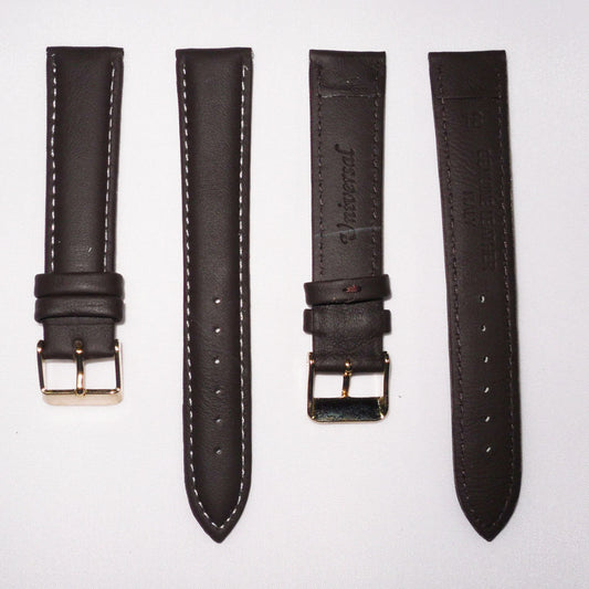 Genuine Leather Watch Band, Brown Padded, Plain, White Stitches, 18MM , Regular Size, Stainless Steel Golden Buckle - Universal Jewelers & Watch Tools Inc.