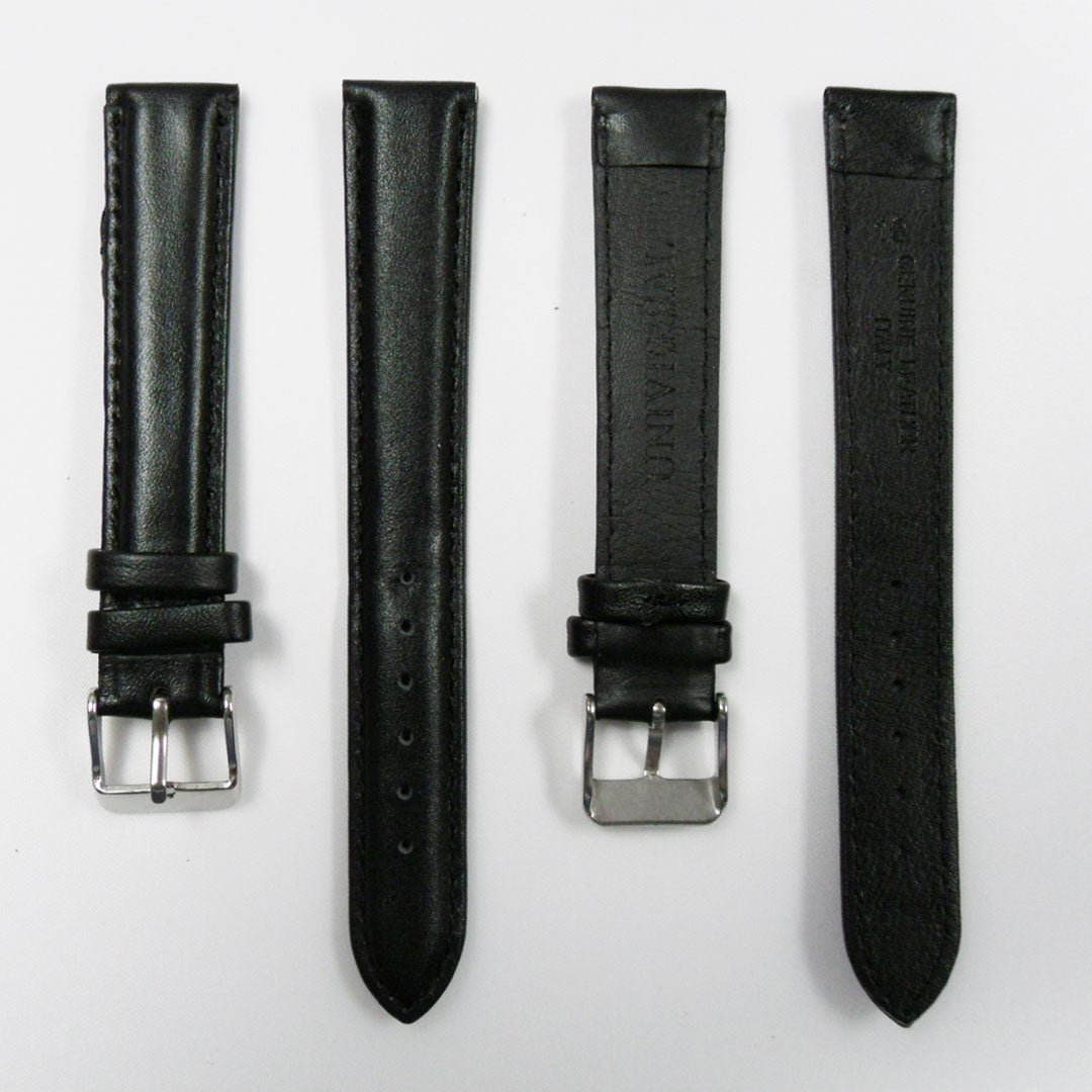 Genuine Leather Watch Band, Black Padded, Plain, Black Stitches, 18MM , XL Size, Stainless Steel Silver Buckle - Universal Jewelers & Watch Tools Inc.