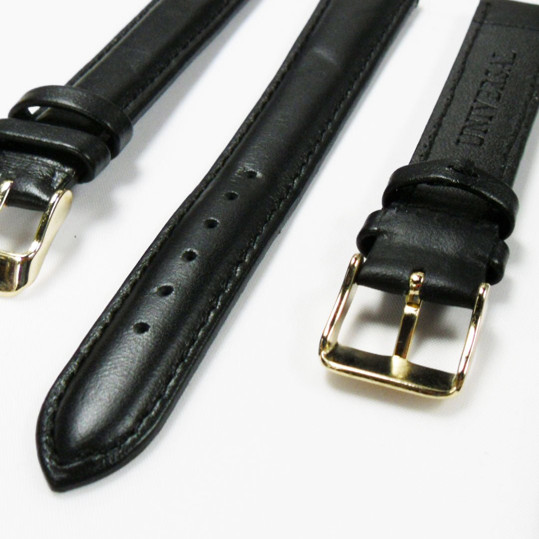 Genuine Leather Watch Band, Black Padded, Plain, Black Stitches, 18MM , XL Size, Stainless Steel Golden Buckle - Universal Jewelers & Watch Tools Inc.