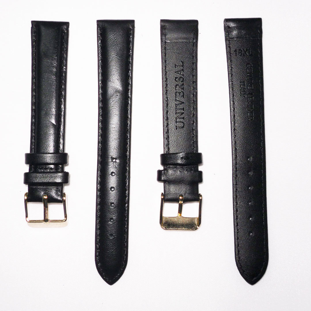 Genuine Leather Watch Band, Black Padded, Plain, Black Stitches, 18MM , XL Size, Stainless Steel Golden Buckle - Universal Jewelers & Watch Tools Inc.