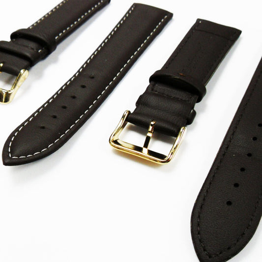 Genuine Leather Watch Band, Dark Brown Padded, Plain, White Stitches, 22MM , Regular Size, Stainless Steel Golden Buckle - Universal Jewelers & Watch Tools Inc.