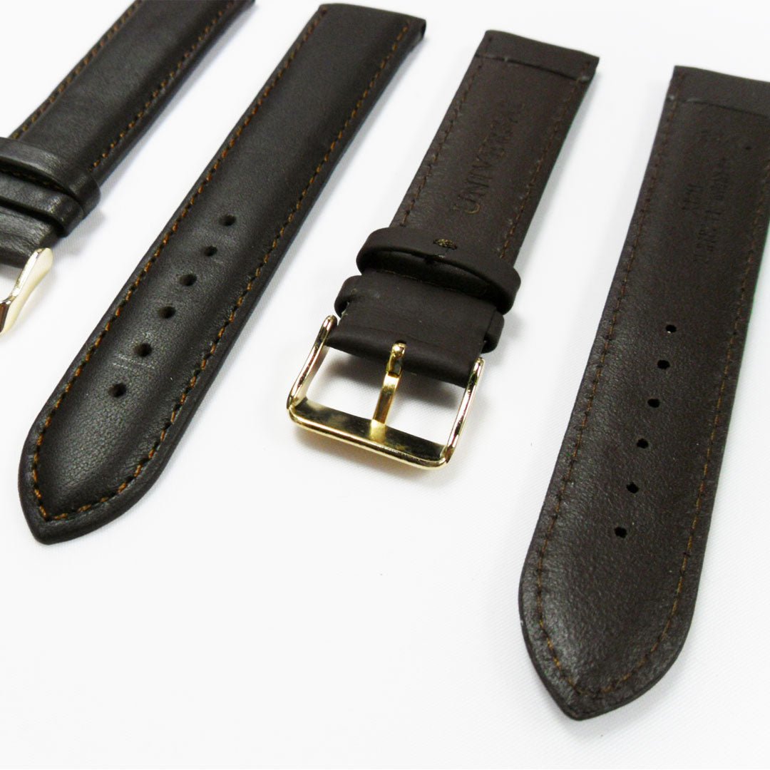 Genuine Leather Watch Band, Dark Brown Padded, Plain, Brown Stitches, 22MM , XL Size, Stainless Steel Golden Buckle - Universal Jewelers & Watch Tools Inc.
