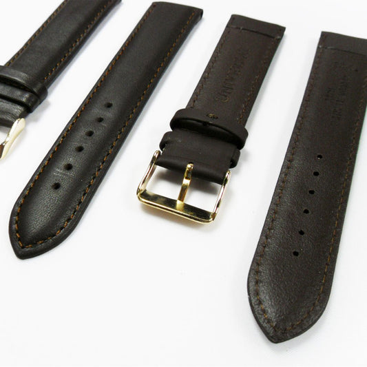Genuine Leather Watch Band, Dark Brown Padded, Plain, Brown Stitches, 22MM , XL Size, Stainless Steel Golden Buckle - Universal Jewelers & Watch Tools Inc.